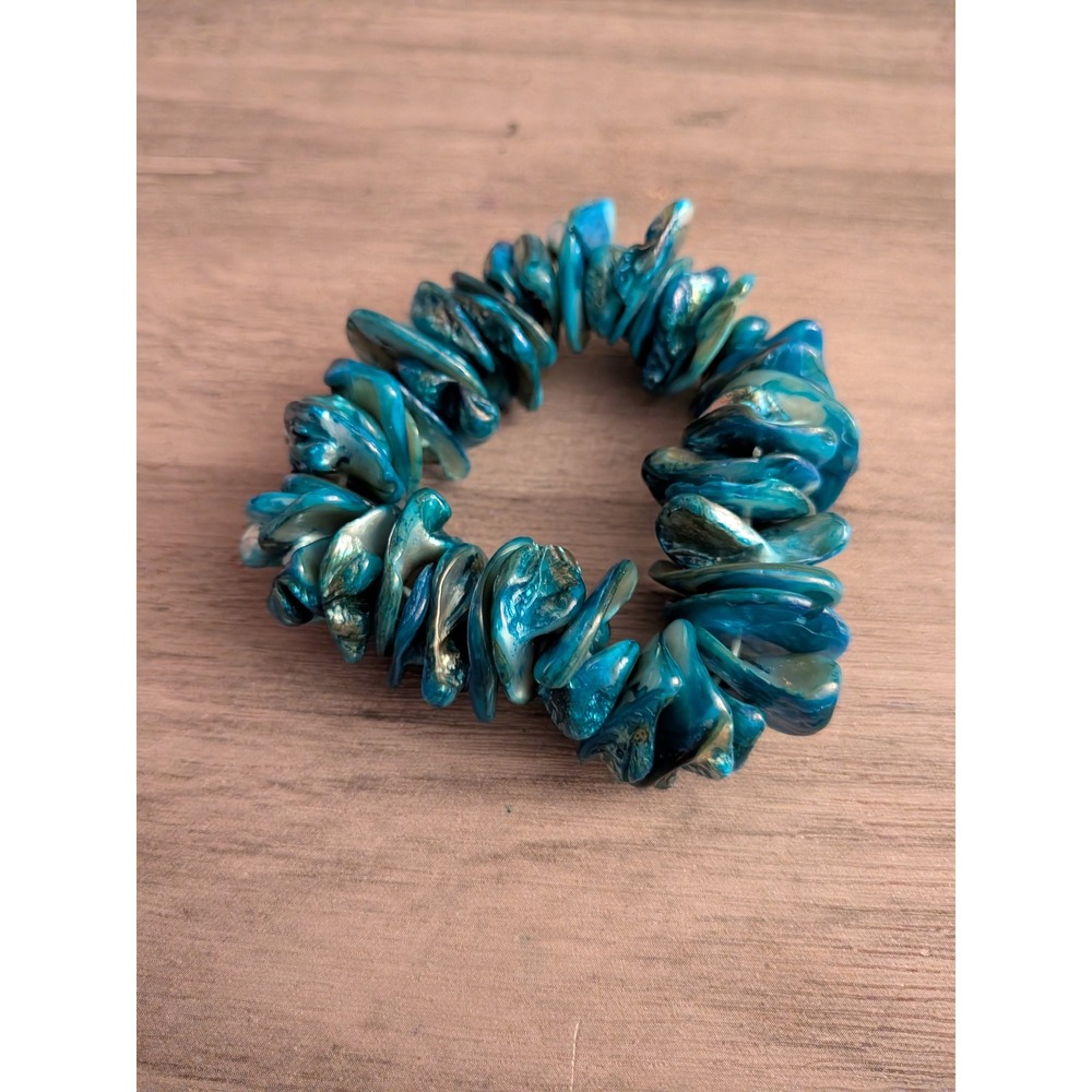 Teal Blue Abalone Shell Chip Stretch Bracelet Iridescent Coastal Boho Jewelry
